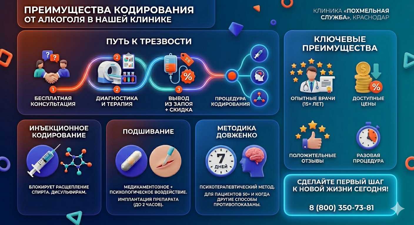 Инфографика о методах кодирования от алкоголя в Назарово: инъекции, подшивание, метод Довженко. Преимущества клиники и этапы лечения.