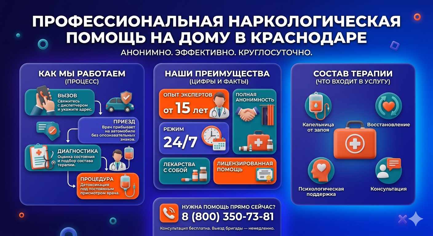 Инфографика о принципах лечения алкоголизма на дому в Назарово: этапы вызова нарколога, преимущества анонимной детоксикации и состав медицинской помощи.